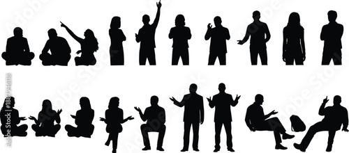 Silhouette people in seated and standing poses, gesture icons for communication, business meeting, teamwork, body language vector illustration