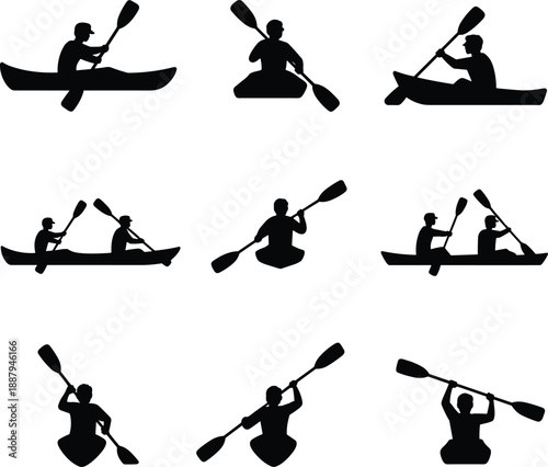 Black kayak and canoe paddling silhouettes set showing single and double paddlers outdoor water sport icons isolated on white background vector illustration collection minimal design