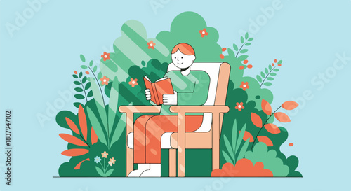 Person reading a book in a comfortable chair surrounded by lush green plants and small flowers, enjoying nature and relaxation.