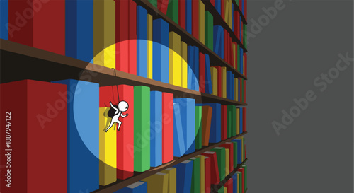 Tiny stick figure person climbing a bookshelf full of colorful books, symbolizing education and knowledge