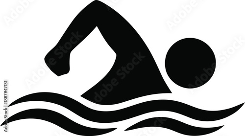Swimmer in motion a stark black shape against white background silhouette