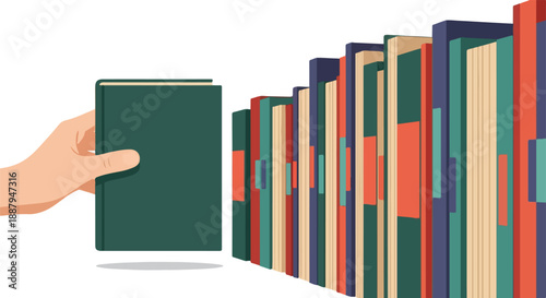Hand reaching for a green book on a shelf full of colorful books, representing knowledge and learning