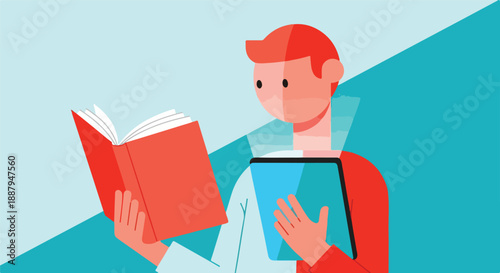 Illustration of a student or individual engaged in reading, balancing a traditional book with a contemporary digital tablet for knowledge acquisition.