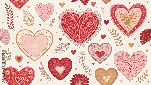 Whimsical love pattern with a variety of beautifully illustrated hearts and delicate foliage