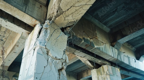 Close-up of a damaged concrete pillar with visible cracks and wear. The structure shows signs of aging and deterioration, highlighting construction issues.