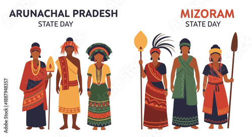Illustrations of people in traditional attire celebrating Arunachal Pradesh and Mizoram State Day in India with cultural symbols and icons.