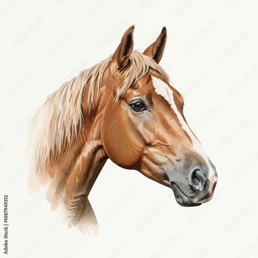 Fototapeta premium Elegant Bay Horse With Blonde Mane and White Nose Star Watercolor Portrait.png