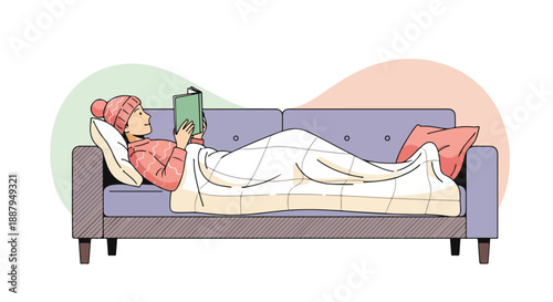 Cozy person relaxing on a couch, covered with a blanket and wearing a winter hat, enjoying a book at home. Hand-drawn illustration.