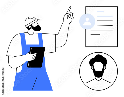 Employee management, recruitment, user identification, profile verification, workforce evaluation, business operations. Worker holding tablet pointing to a profile document. Employee management