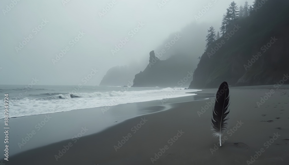 Naklejka premium Black feather stands on dark sand beach. Waves crash on shore near foggy cliffs and forest. Serene ocean landscape evokes solitude and nature mystery.