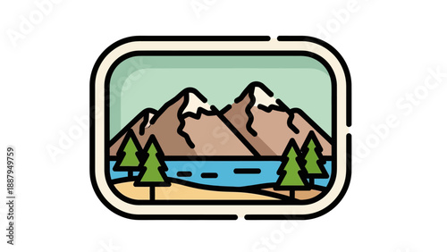 A stylized nature scene framed, featuring mountains, trees, water, and sand