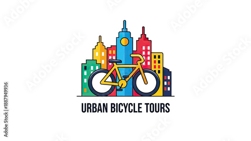 Colorful logo featuring a yellow bike in front of city skyscrapers with text below