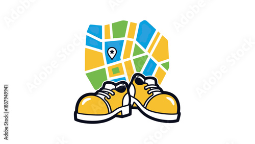 Illustration of yellow shoes in front of a colorful map with a location marker