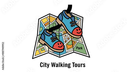 Cartoon illustration featuring happy shoes, a city map, and text "City Walking Tours