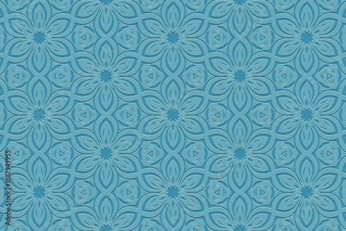 Tribal blue background, banner, cover design, mural. Geometric embossed floral pattern. Ornamental motifs of the East, Asia, India, Mexico, Aztec, and Peru. Ethnic and folk traditions.
