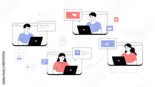 Illustration of people communicating and collaborating online with laptops and social media icons around them