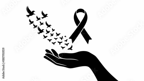 Black silhouette of a hand releasing birds with a ribbon symbol