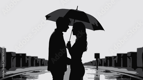 Silhouette of a romantic couple kissing under an umbrella on a rainy city street with wet pavement and buildings