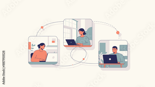 Illustration of people working on laptops connected by lines in a modern office setting with a subtle background