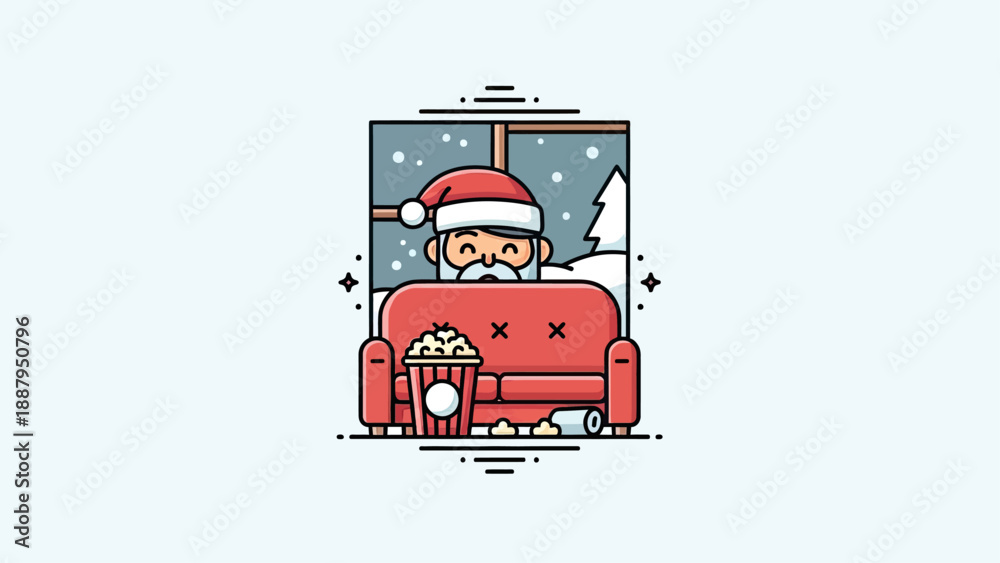 Fototapeta premium Cartoon Santa in a red couch, watching snowflakes through a window, with popcorn