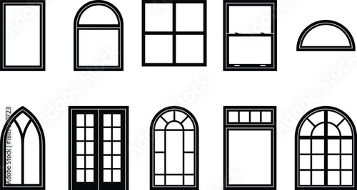 Window silhouette collection featuring classic and modern architectural window designs, arched and rectangular frames, building facade elements, and construction icons isolated on white background