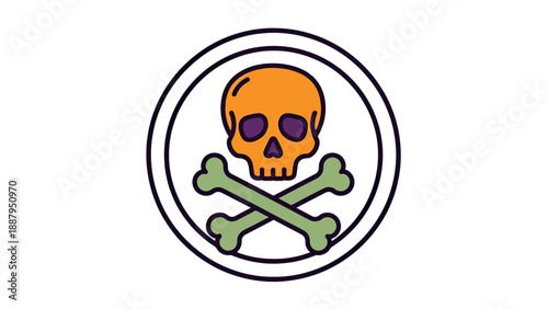 A colorful, graphic depiction of a skull and crossbones inside a circular frame
