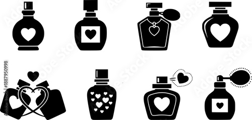 love perfume bottle silhouette Valentine icon set,Black color simple Vector icons
