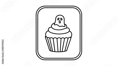 A black and white line drawing of a cupcake with a ghost on top, framed in a rectangle