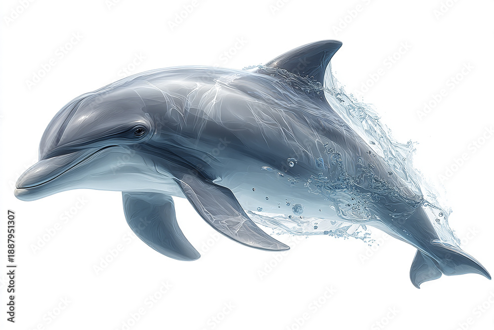 Obraz premium Realistic dolphin illustration swimming in side view with smooth skin and water splash effect, showing dynamic motion and natural aquatic environment beauty