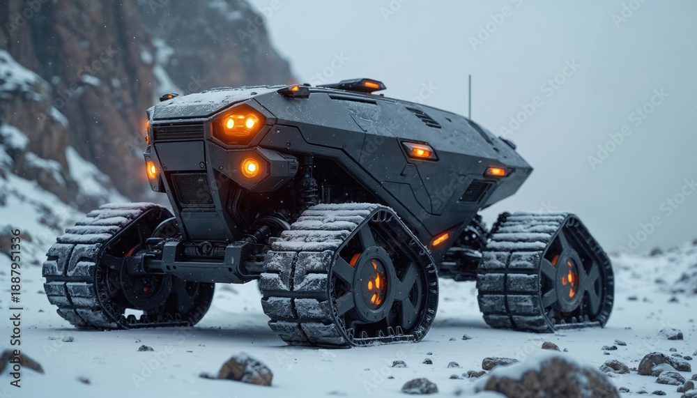 Fototapeta premium Advanced armored vehicle with glowing lights moves on snowy terrain. Futuristic tracked machine drives across frozen landscape. Rugged transport operates in cold winter environment.
