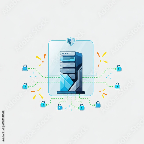 Modern cyber security illustration showing a secure server system with encrypted connections and data protection icons. Suitable for cloud computing, IT infrastructure, network security, and business 