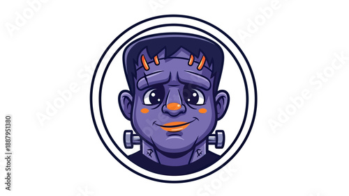 Smiling cartoon monster head with bolts on the neck, purple skin, and stitches inside a circle