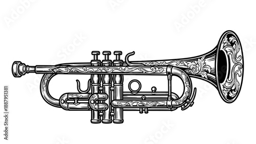 Detailed Hand-Drawn Engraved Trumpet Musical Instrument on Isolated White Background