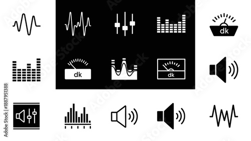 Set of Black Audio Sound and Equalizer Icons on Isolated White Background