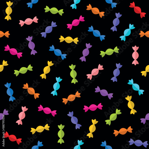 Seamless pattern of candies of different colors. Symbol of sweets or dessert. An attribute of childhood or childhood. A sweet candy in a wrapper or candy wrapper.