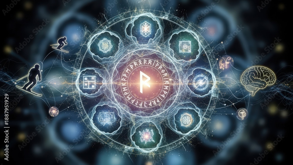Obraz premium Surfer riding neural network waves with glowing brain