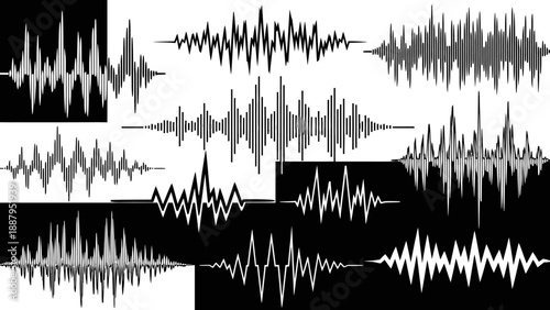 Dynamic Audio Sound Waves Equalizer Visualizer Pattern in Black and White for Music or Technology