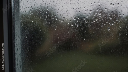 Raindrops on a window, blurry view of trees and houses beyond