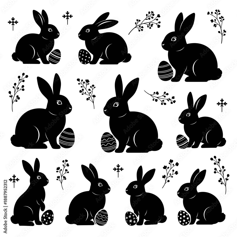 Fototapeta premium Neat Black Rabbit Silhouette Set With Vector Pattern Easter Eggs Holly Design.png