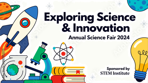 Science Fair Poster with Rocket and Lab Equipment