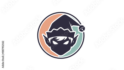 A stylized elf head wearing a hat, enclosed in a circle with complementary colors