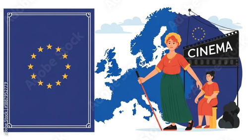 European cinema concept with woman and child in front of map and film sign