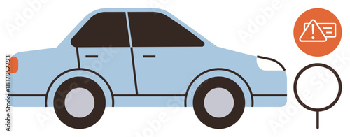 Vehicle safety, transportation design, car inspection, warning analysis, traffic regulations, automotive diagnostics. Blue car with magnifier and warning icon. Vehicle safety and transportation