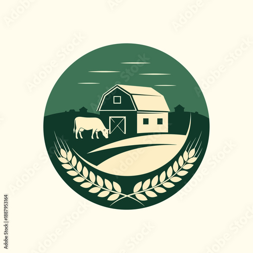 Rustic Farm Barn Cow Grazing Emblem Wheat Fields Green Circular Logo.png
