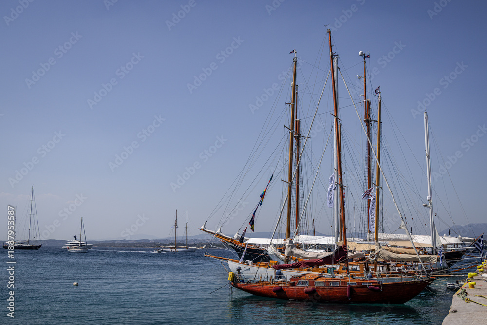 Fototapeta premium Old wooden sailing boats in the harbour, Spetses, Greek Islands