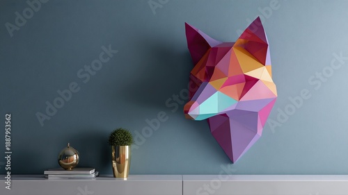 Wallpaper Mural Colorful Geometric Wolf Head Sculpture on Wall in Modern Interior Torontodigital.ca
