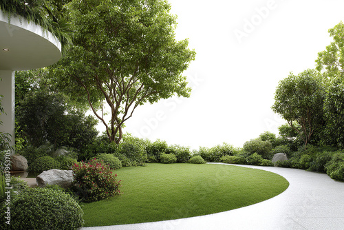 Modern outdoor garden with green lawn and curved concrete pathway surrounded by lush trees and bushes creating peaceful and refreshing residential landscape space