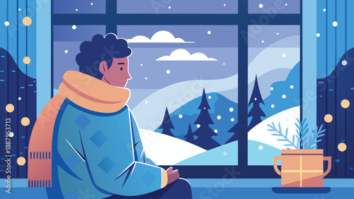 A cozy flat interior with a person sitting by the window, enjoying a peaceful winter scene with snow falling gently outside.