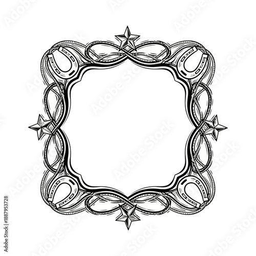 Vintage Decorative Border Horseshoes Rope Flourishes Four Petal Emblems Scattered Stars Sleepy Stick Figure Illustration.png