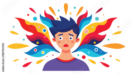 A vibrant and dynamic flat vector illustration of a person facing forward with a colorful explosion of emotions, conveying a sense of anxiety, stress, or surprise.